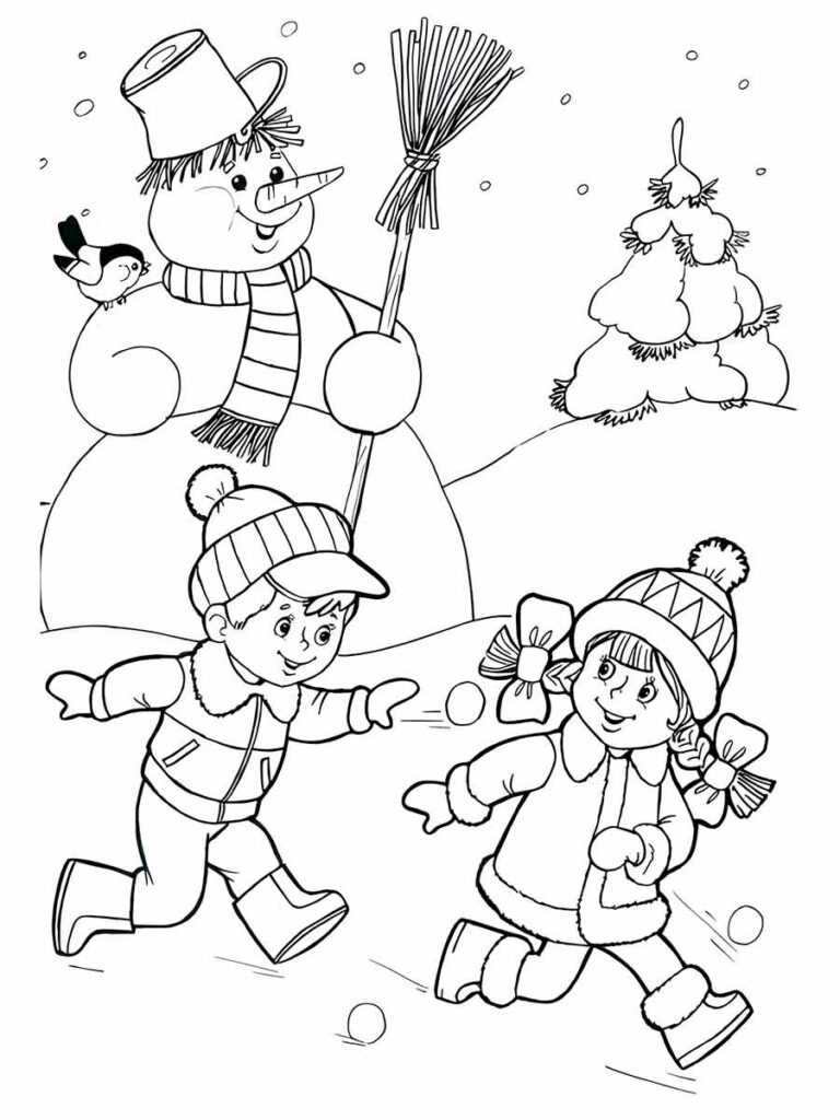 Desenho de Meninos na Neve para Colorir