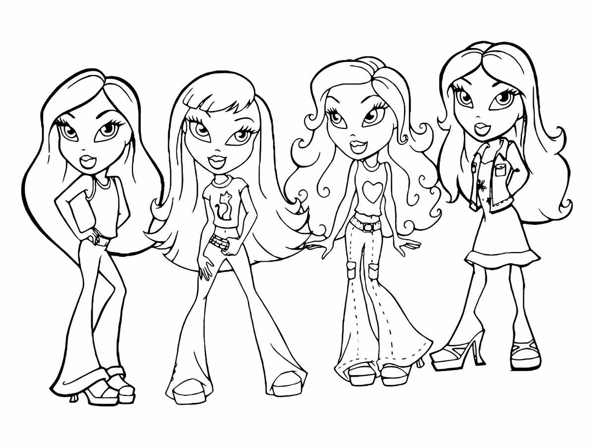 desenho para colorir de quatro meninas de desenho animado. As meninas estão de pé em uma linha, de frente para o espectador. Elas estão todas vestindo roupas da moda e têm cabelos longos. As meninas têm penteados diferentes e estão usando saltos altos.