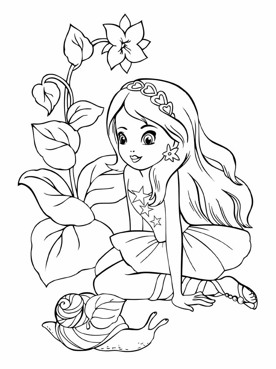 Desenho de uma menina com cabelos longos e uma coroa de flores sentada em um grande caracol. A menina está vestindo um vestido com padrões de estrelas e tem uma flor no cabelo. O caracol tem uma concha espiral e está rastejando. A imagem tem um estilo de desenho animado.