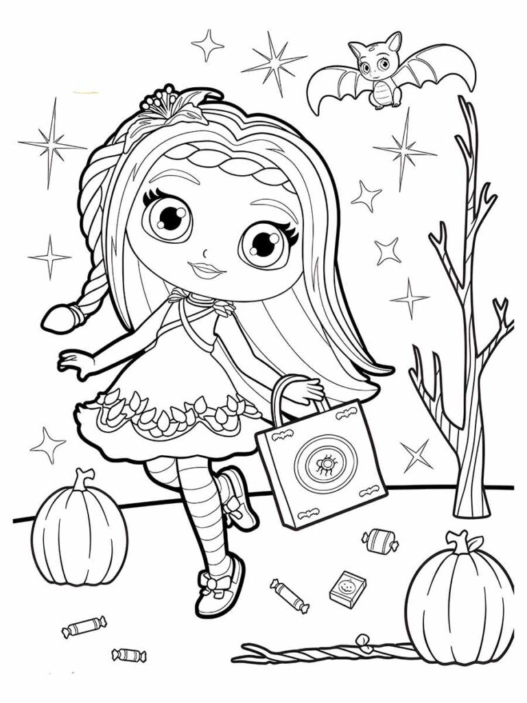 desenho de uma menina de desenho animado em uma cena temática de Halloween. A menina tem cabelos longos com um laço e está vestindo um vestido com uma abóbora nele. Ela está segurando um livro com uma teia de aranha na capa. Há um morcego voando acima da cabeça dela e uma árvore ao fundo. Também há duas abóboras e alguns doces espalhados pela cena. O fundo tem estrelas e uma lua.