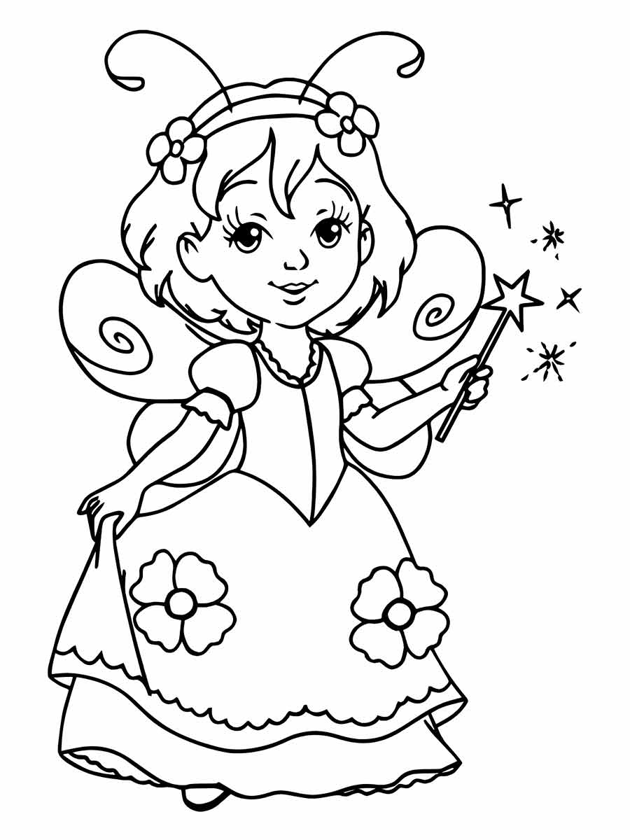 desenho de uma menina fada com asas de borboleta. A fada está vestindo um vestido com um padrão de flores e uma tiara com duas antenas. Ela está segurando uma varinha com uma estrela na ponta e há faíscas ao redor dela. A menina fada tem uma expressão feliz no rosto.