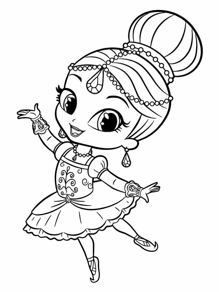 desenho de uma menina de desenho animado. Ela está vestindo um vestido com um tutu e sapatilhas de balé. O personagem tem um grande coque no topo da cabeça com uma tiara de pérolas. a menina está em uma pose de dança com os braços e pernas estendidos.