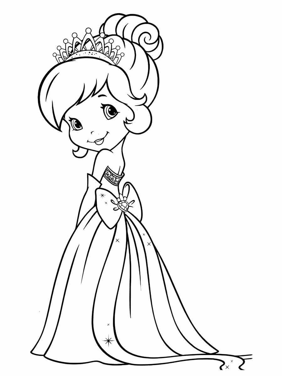 Desenho de uma jovem princesa, Ela está vestindo um longo vestido com uma cauda e uma tiara na cabeça, A princesa tem um pequeno buquê de flores na mão, O vestido tem um grande laço na cintura e um padrão de estrelas na saia, A princesa tem um pequeno sorriso no rosto e está olhando para o lado.