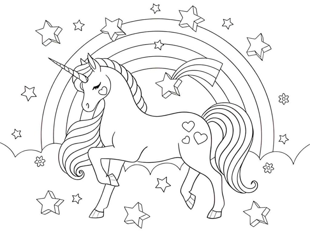 unicornio com arco iris para colorir