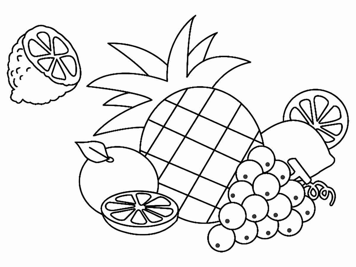 Desenho de frutas para colorir, são quatro tipos de frutas diferentes, um abacaxi, uvas, maçãs e limões.  As frutas podem ser pintadas com cores variadas, como verde, amarelo, vermelho e roxo.