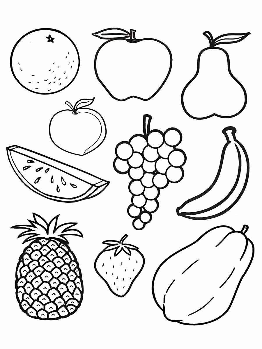 Desenho de frutas para colorir. As frutas são: laranja, maçã, pêra, melancia, uva, banana, abacaxi, morango e mamão. Elas têm cores, formas, sabores e aromas diferentes. São fontes de vitaminas, minerais, fibras e antioxidantes, fazendo bem para a saúde e o bem-estar.