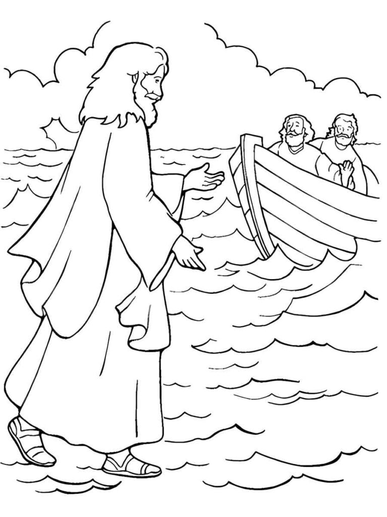 Jesus Andando sobre as Águas do Mar para Colorir