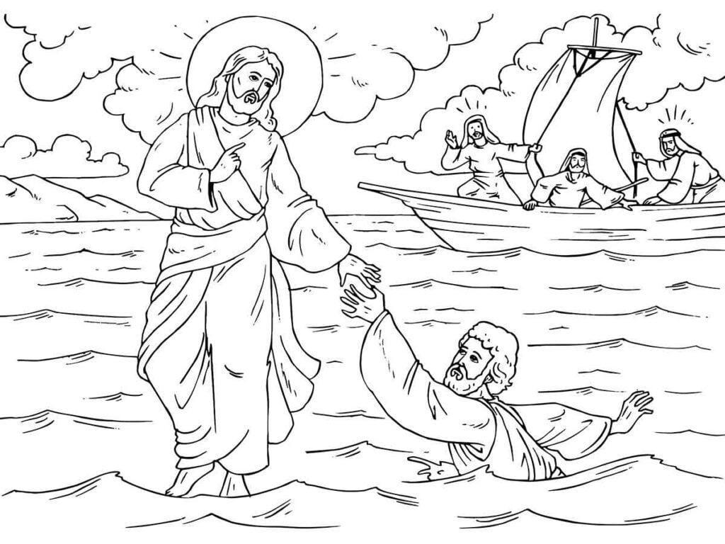 Jesus e Pedro Andando sobre o Mar para Colorir