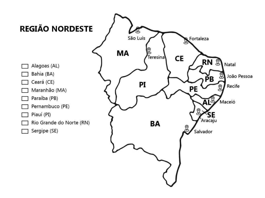 Mapa para colorir da Região Nordeste do Brasil