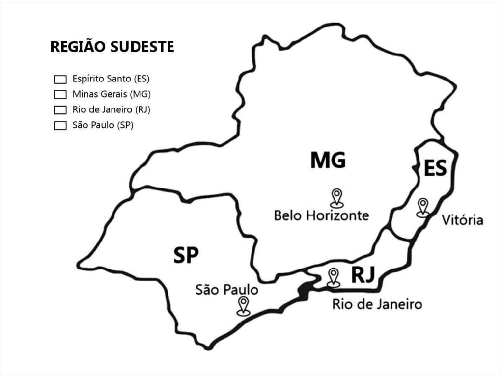 Mapa para colorir da Região Sudeste do Brasil