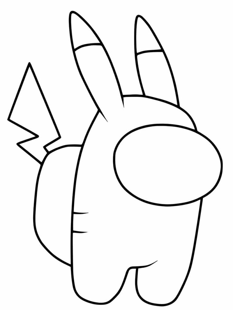 Desenho para colorir de Pikachu Among Us. Pikachu é um pequeno Pokémon elétrico de cor amarela. O desenho segue o estilo do jogo Among Us, com o corpo de Pikachu sendo uma forma simples e arredondada com duas pernas e uma cauda.