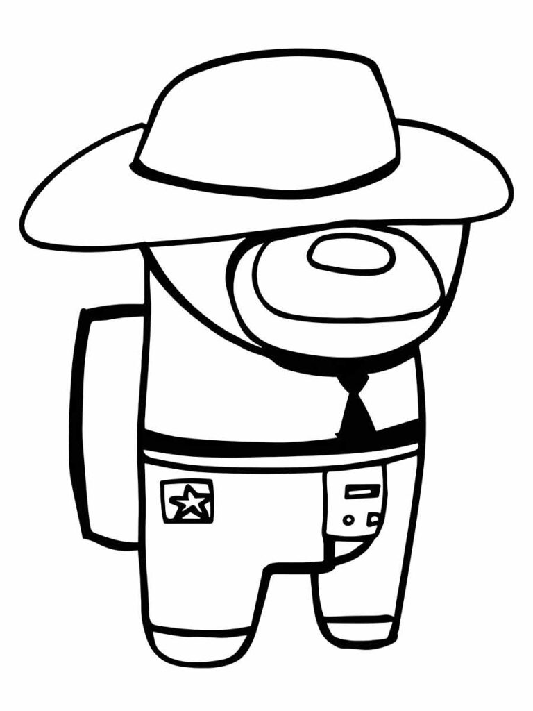 Desenho para colorir de Sheriff do Among Us, O personagem está usando um chapéu de cowboy e um lenço no pescoço. O personagem tem uma estrela na calça.