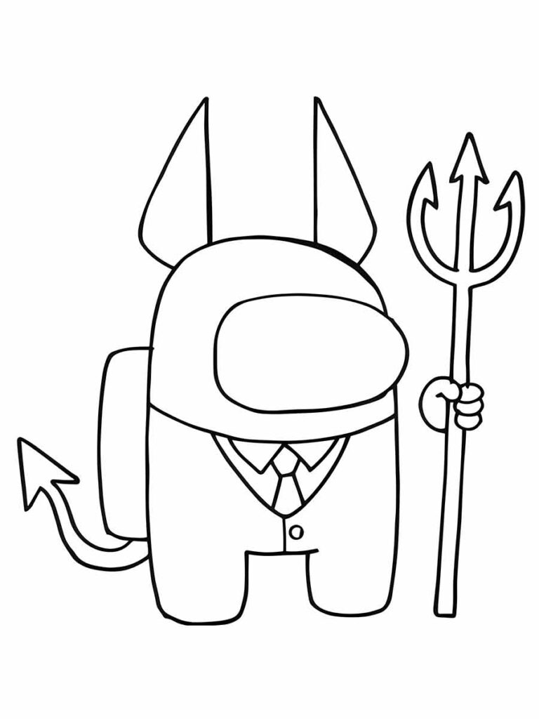 Desenho para colorir de Devil Impostor do jogo Among Us. Ele é um impostor com chifres e rabo, que usa um terno e gravata e segura um tridente.