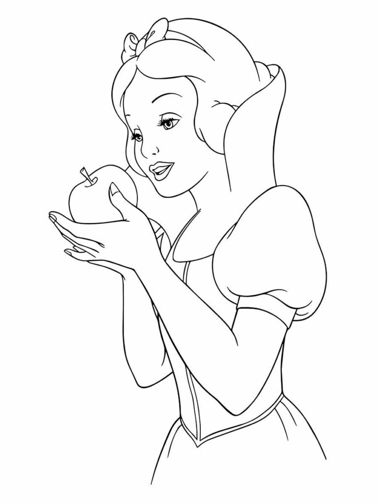 desenho para colorir de Branca de Neve do filme da Disney. Ela está segurando uma maçã envenenada que a madrasta lhe deu para fazê-la cair em um sono profundo.