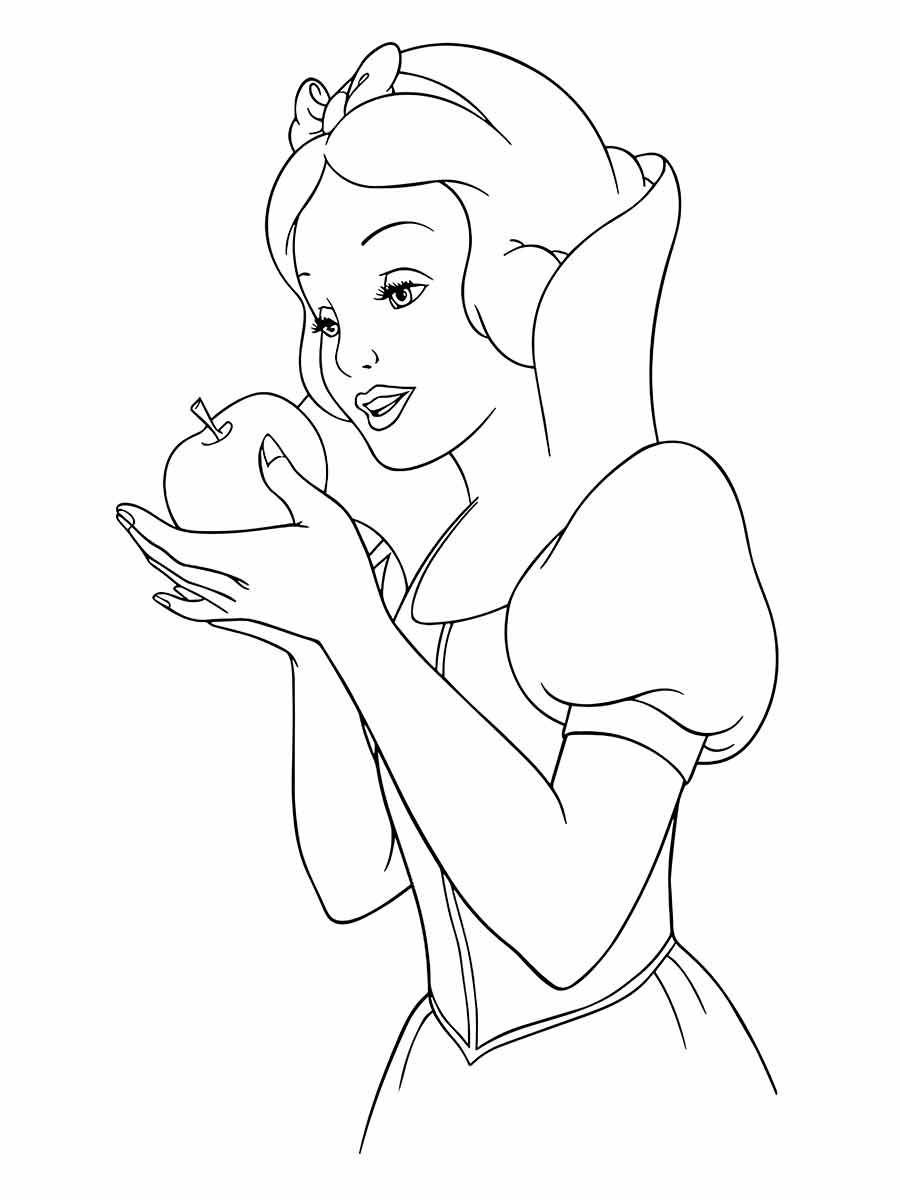 desenho para colorir de Branca de Neve do filme da Disney. Ela está segurando uma maçã envenenada que a madrasta lhe deu para fazê-la cair em um sono profundo.