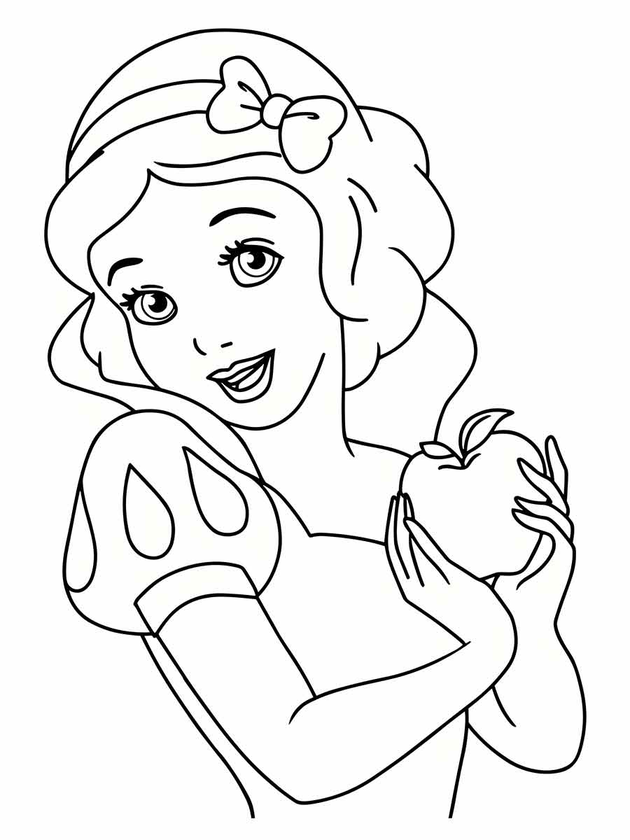 desenho para pintar e colorir da Branca de Neve. Ela está segurando uma maçã envenenada que a madrasta lhe deu para fazê-la cair em um sono profundo.