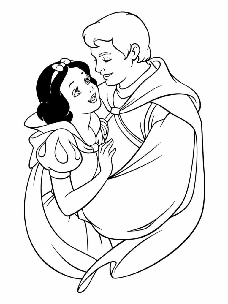 Desenho para colorir de "Branca de Neve e o Príncipe Encantado". Eles são personagens de um conto de fadas e de um filme da Disney.