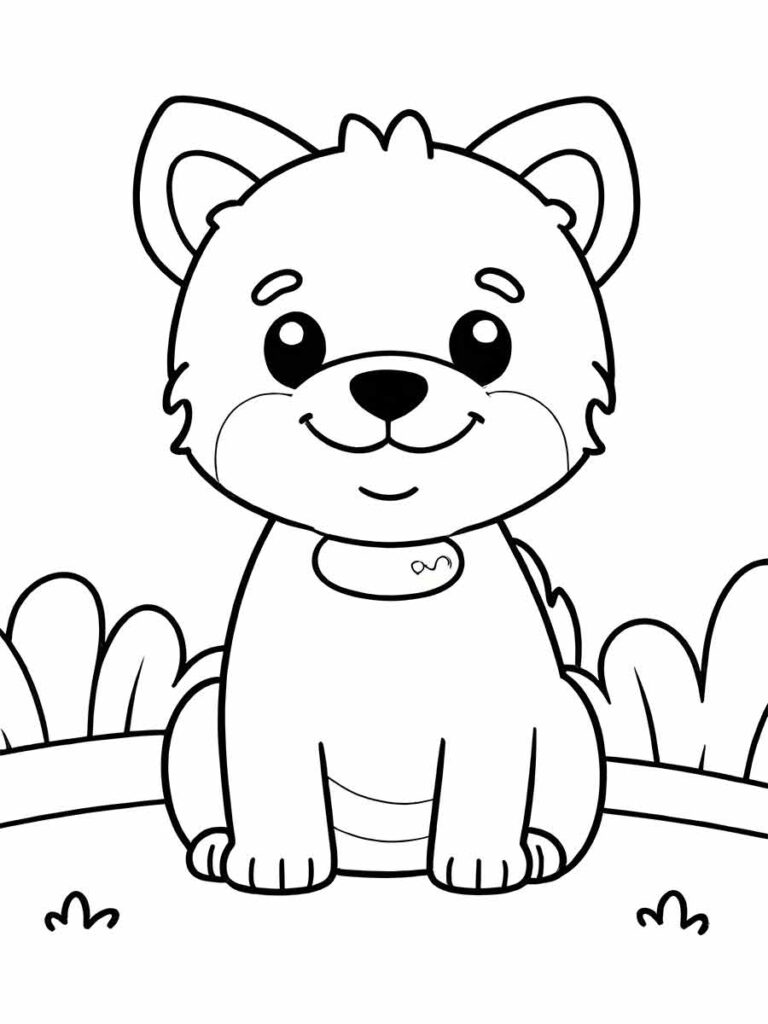 Desenho para colorir de um cachorro sentado nas patas traseiras com as patas dianteiras no chão. Ele tem uma cabeça grande com orelhas caídas e um nariz grande.