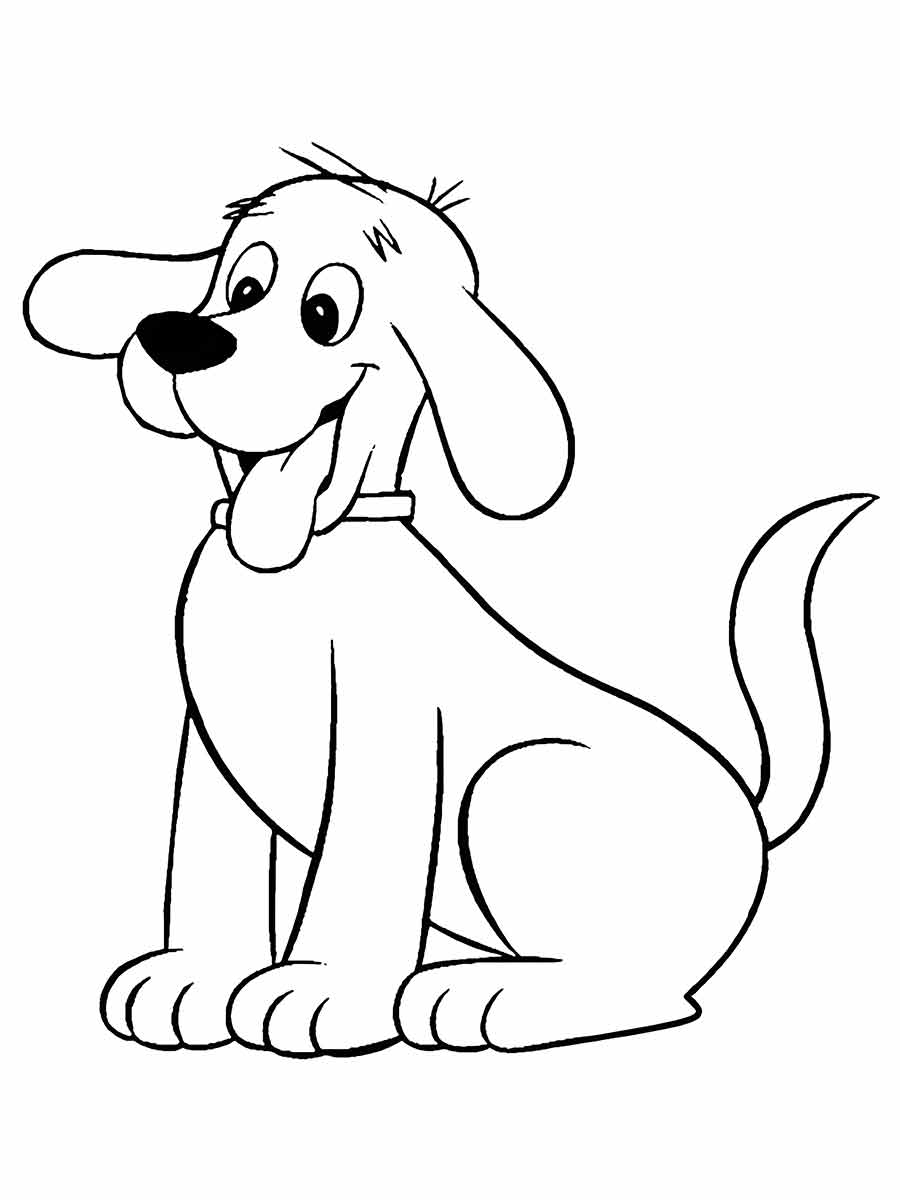 Desenho para colorir de um cachorro com uma cabeça grande, orelhas caídas e um nariz grande. O cachorro está sentado nas patas traseiras com as patas dianteiras no chão e está usando uma coleira. Ele tem uma expressão feliz no rosto