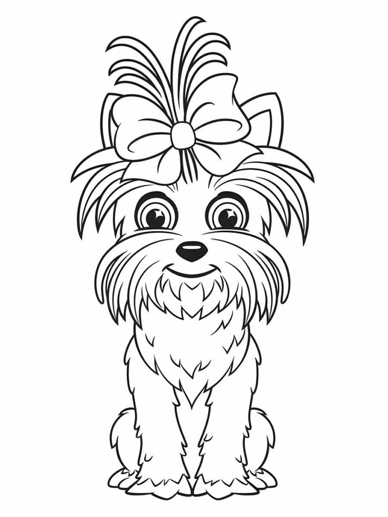 Um pequeno Yorkshire Terrier com um laço florido, sentado e olhando diretamente para você.