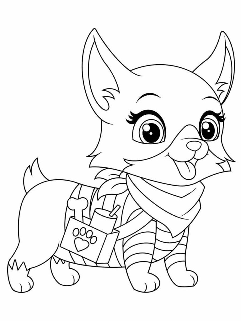 Desenho para colorir de um cachorro pequeno com orelhas pontudas, camisa listrada e cachecol no pescoço. O cachorro está usando uma mochila com uma pegada de pata e está em pé, olhando para a direita. Ele tem uma expressão feliz no rosto e a língua para fora.