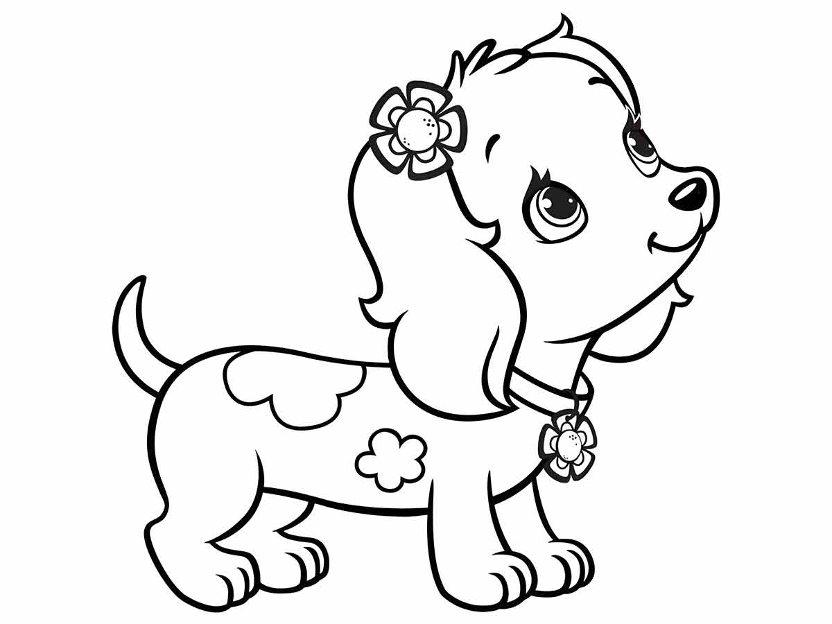 Desenho para colorir de um cachorro de raça pequena com orelhas caídas, uma cabeça redonda e manchas no corpo.