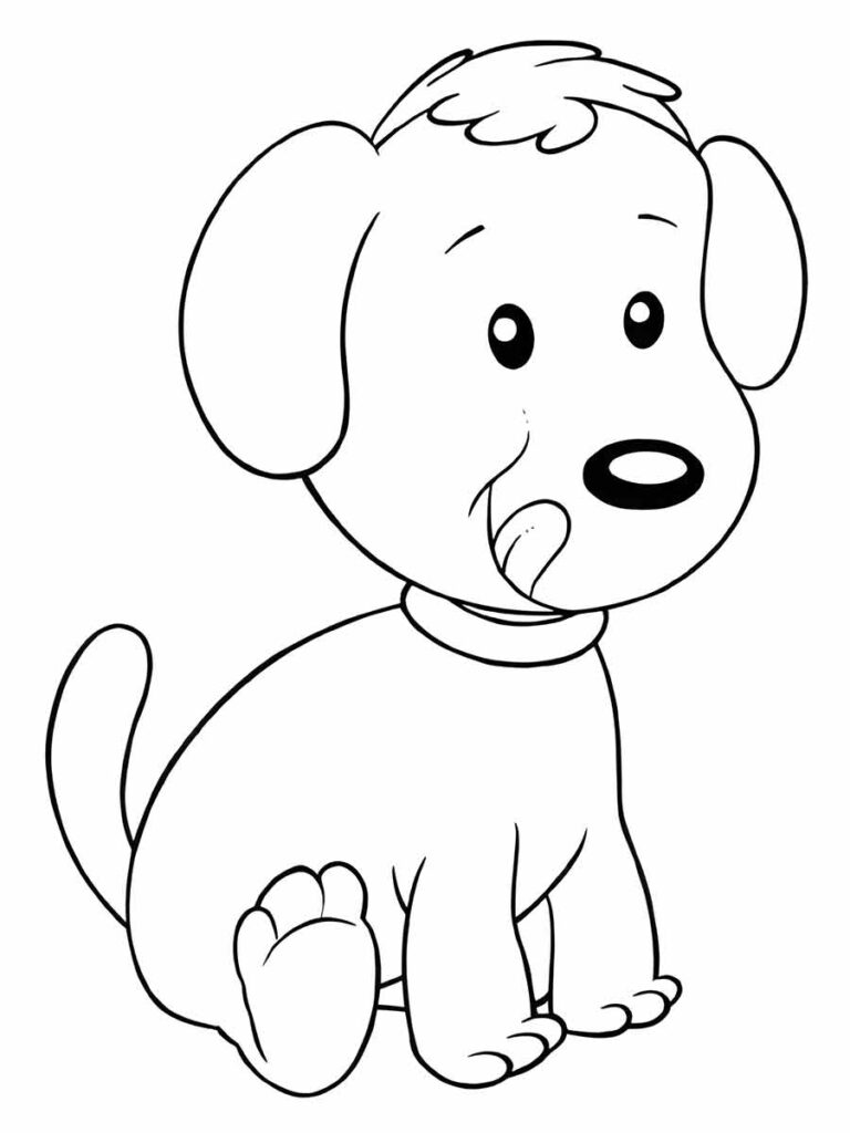 Desenho para colorir de um filhote de cachorro sentado, com uma expressão feliz no rosto.