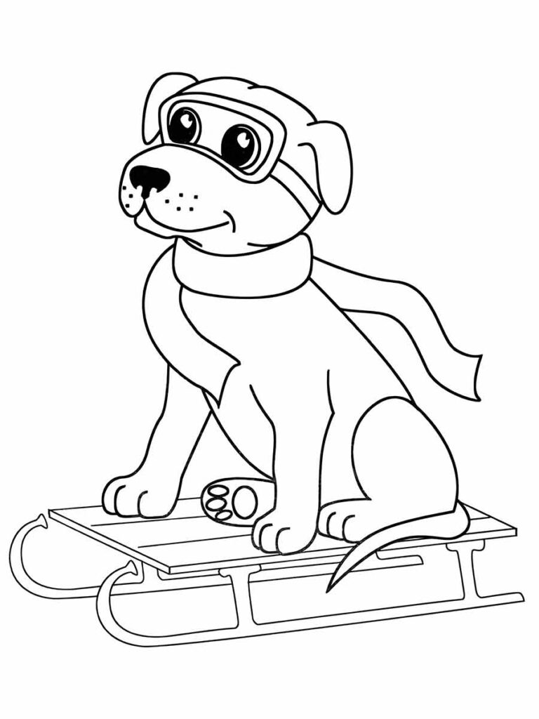 A imagem é um desenho em preto e branco de um cachorro de desenho animado em um trenó. O cachorro está usando um cachecol e óculos de proteção. O trenó é feito de madeira e tem uma frente curva. O cachorro está sentado no trenó com as patas da frente no início do trenó. O fundo está em branco. É uma imagem divertida para colorir!