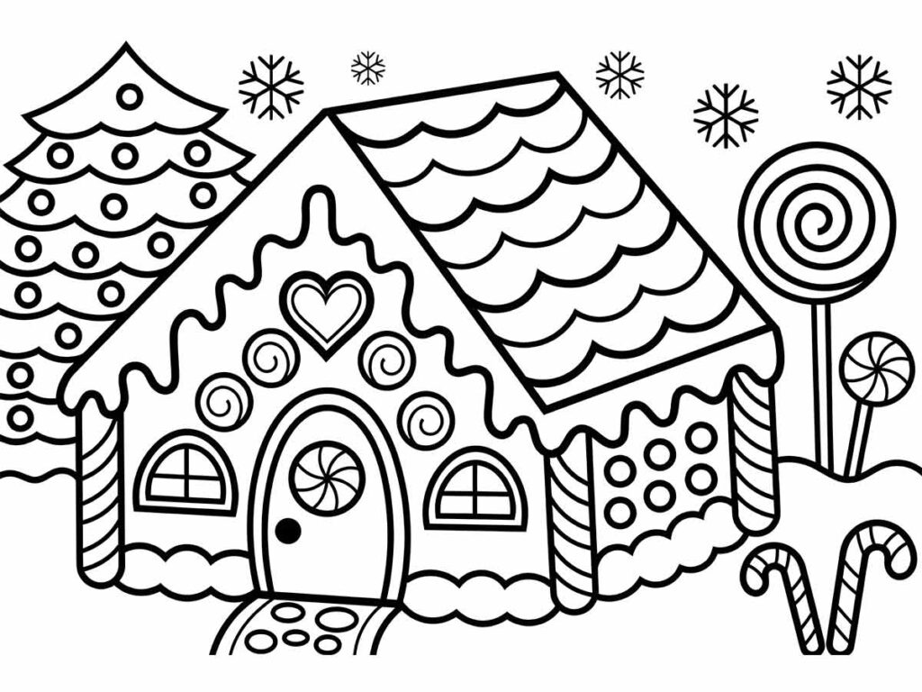 Desenho para colorir: uma casa de gengibre com uma árvore de Natal e flocos de neve ao fundo.