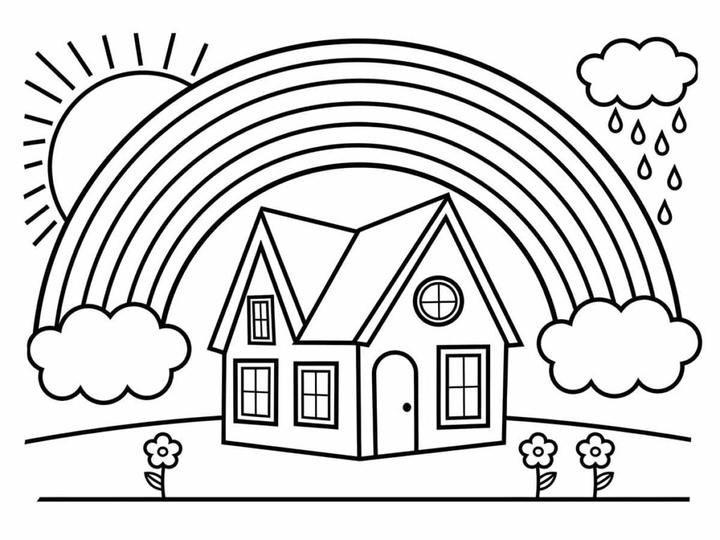 Desenho para colorir: uma casa com um arco-íris completo sobre ela