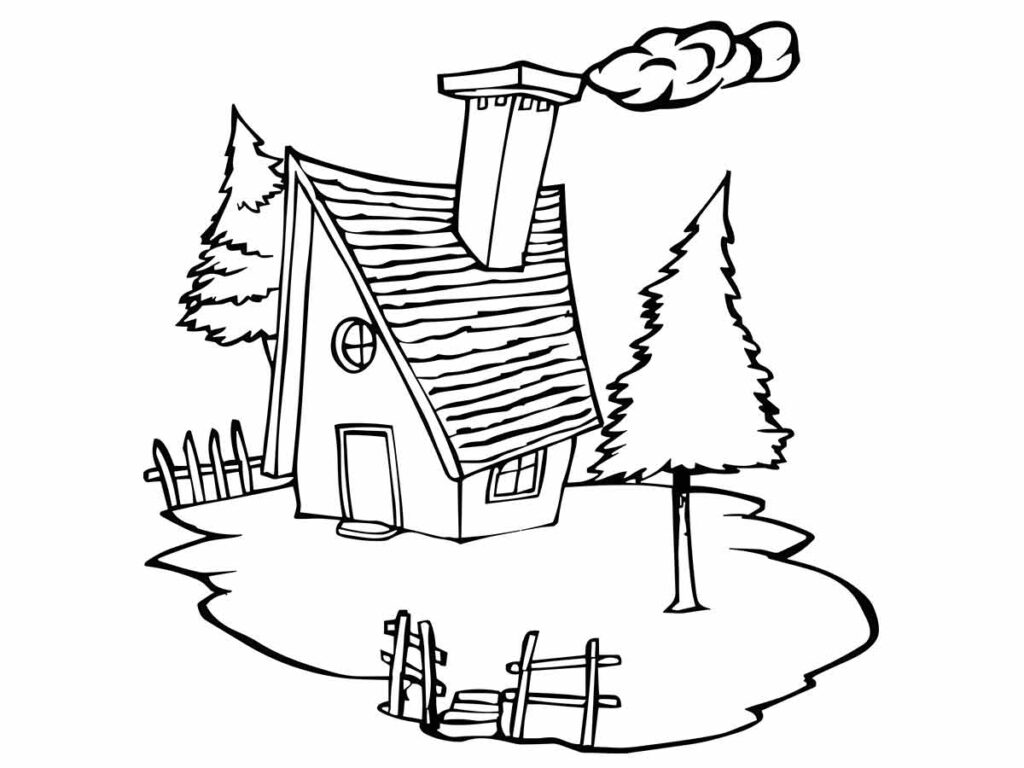 Desenho para colorir de uma pequena casa na floresta cercada por árvores e uma cerca.