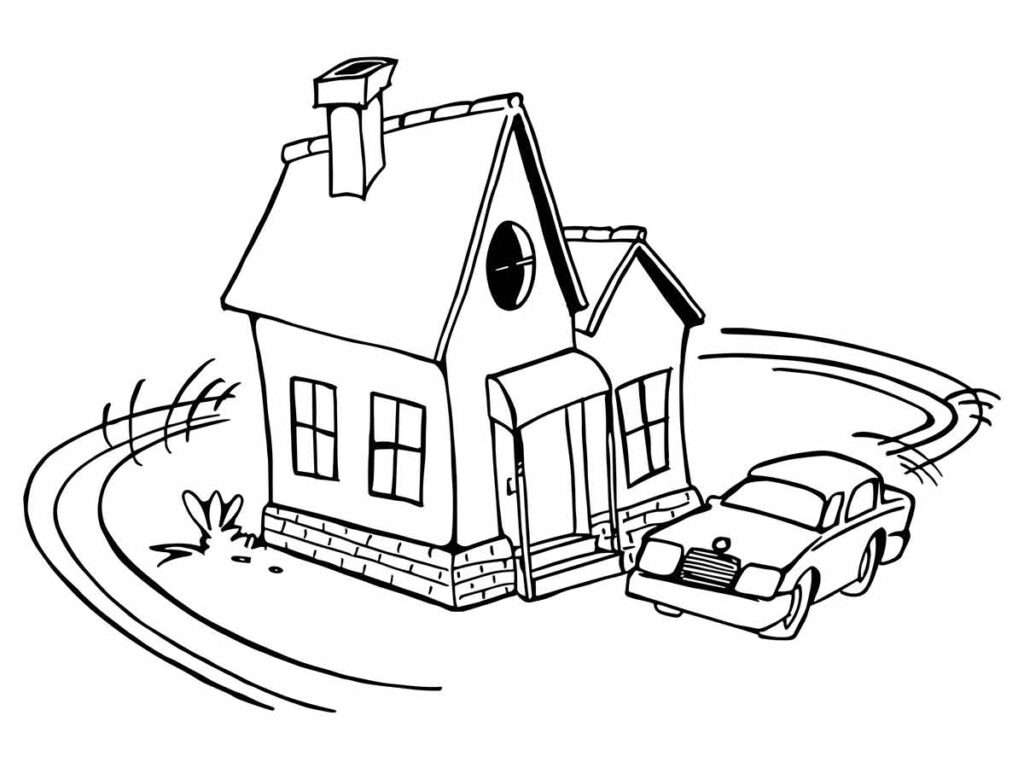 Desenho para colorir de uma pequena casa com um carro estacionado na frente.