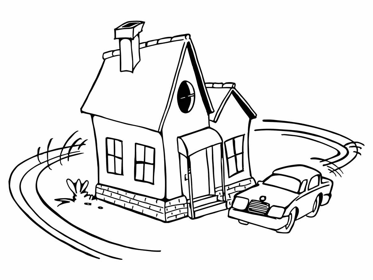 Desenho para colorir de uma pequena casa com um carro estacionado na frente.