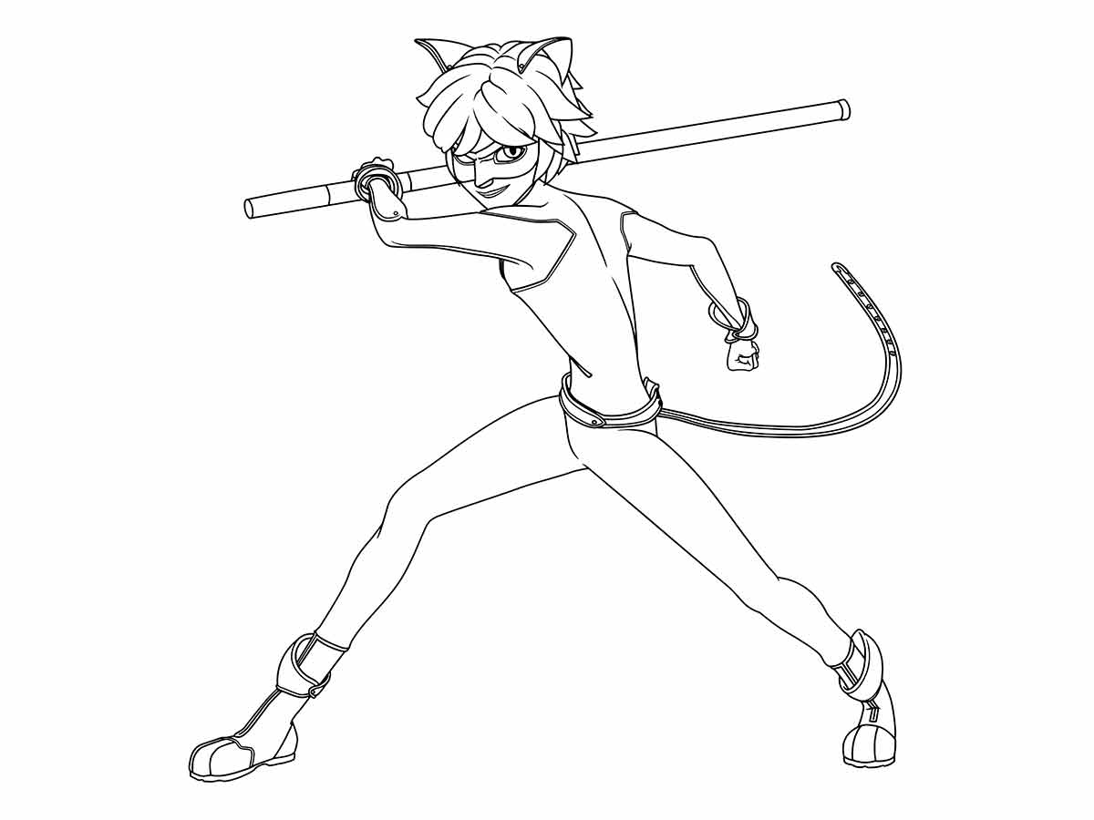 Desenho para colorir de Cat Noir, o parceiro de Ladybug na série de animação Miraculous. Cat Noir é o alter-ego de Adrien, um modelo e estudante francês que se transforma com a ajuda de seu kwami Plagg.