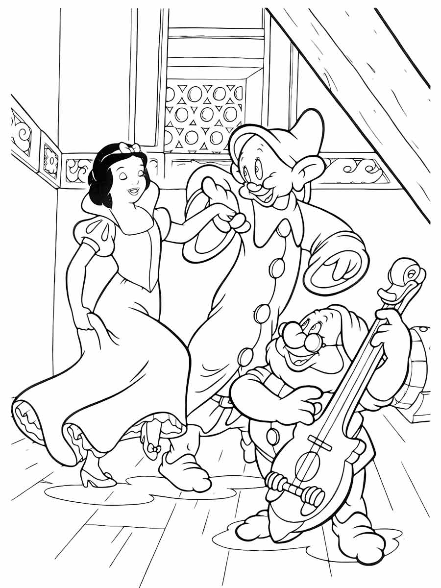 Desenho para colorir de “Branca de Neve e os Sete Anões”. Branca de Neve está dançando com Dunga enquanto Feliz toca a lira. A cena se passa em um quarto com uma janela e um piso de madeira.