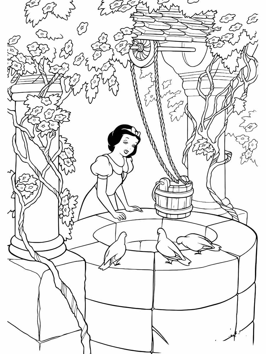 Desenho para colorir de “Branca de Neve” em um jardim com pássaros e um poço.