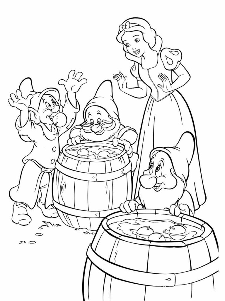 Desenho para pintar de “Branca de Neve brincando com os Anões