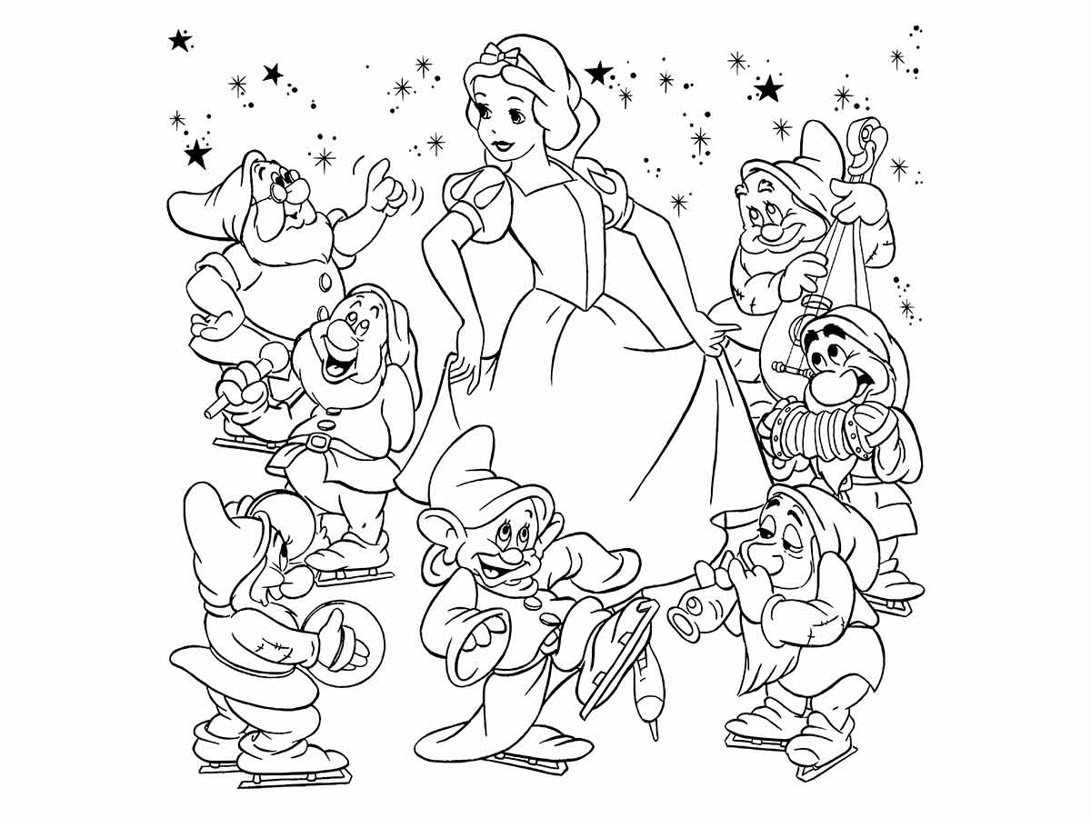 Desenho para imprimir e pintar da Branca de Neve e os Sete Anões