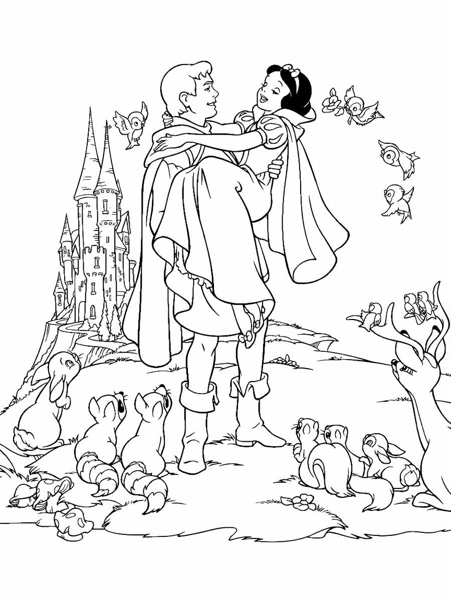 Desenho para colorir de “Príncipe Encantado e Branca de Neve”.