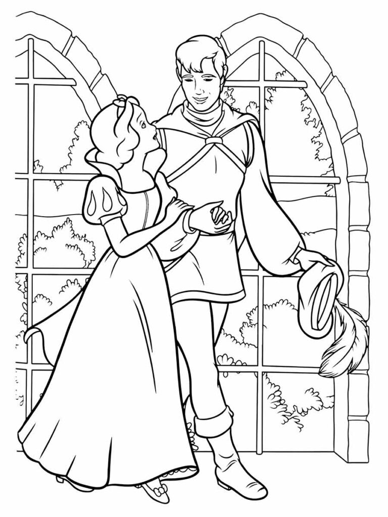 Desenho para colorir de branca de neve e o principe paseando.