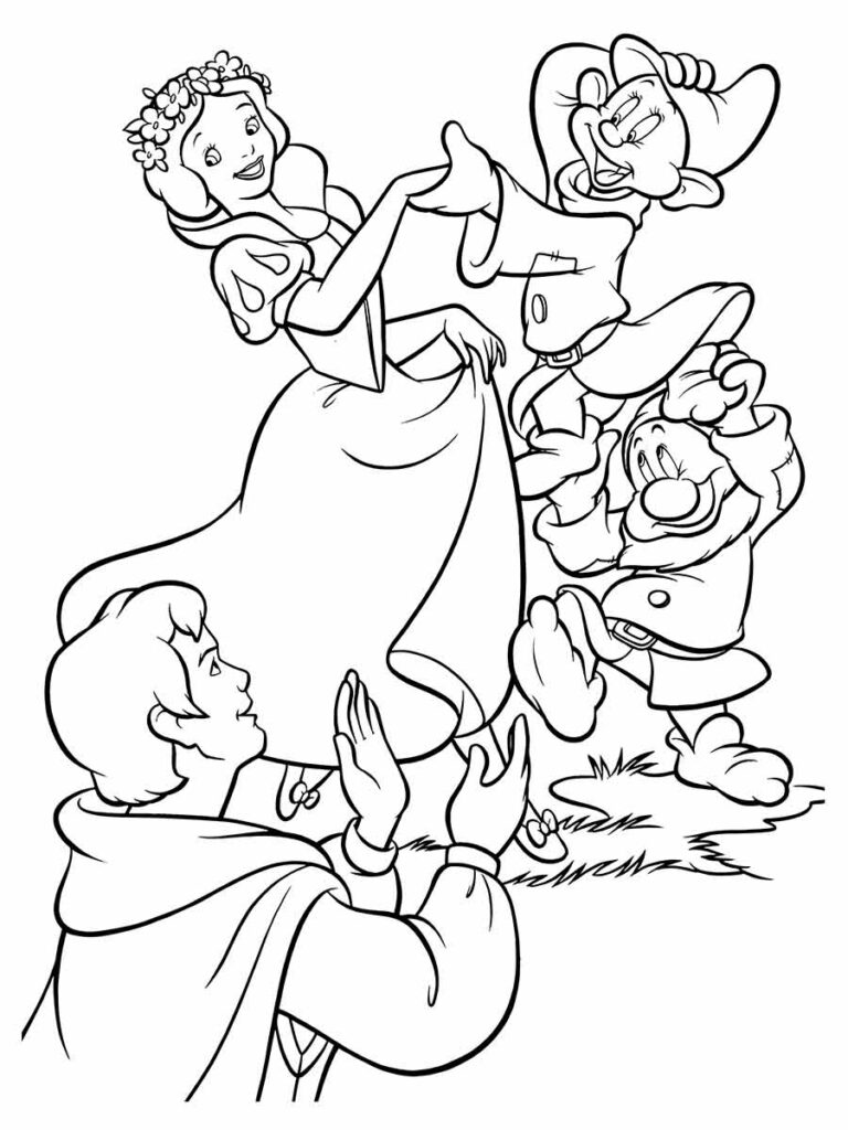 Desenho para pintar da Branca de Neve, principe encantado e 2 anões