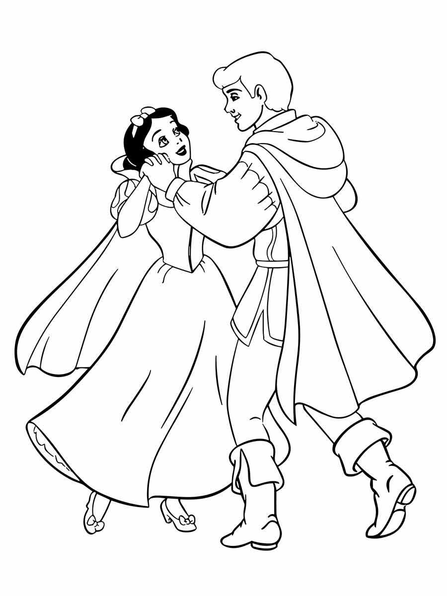 Desenho para colorir da Branca de Neve e o Príncipe Encantado dançando. Eles podem ser coloridos de acordo com a imaginação do usuário.