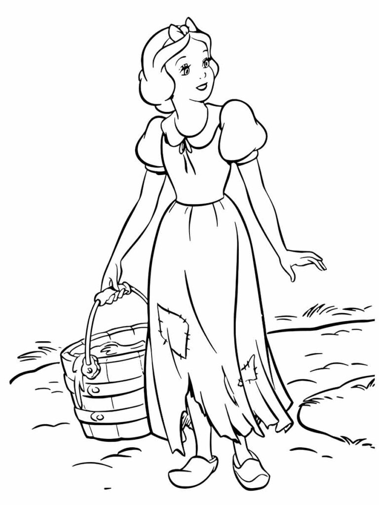 Desenho para colorir da Branca de Neve, uma princesa dos contos de fadas. Ela está em pé na beira de um riacho com um balde na mão esquerda. Ela usa um vestido longo com mangas bufantes e um laço no decote.