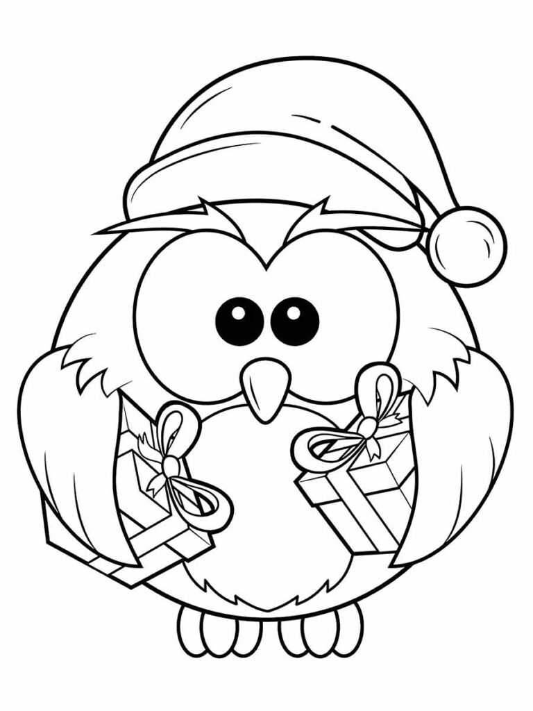 Desenho para colorir: uma coruja de desenho animado usando um chapéu de Papai Noel e segurando dois presentes