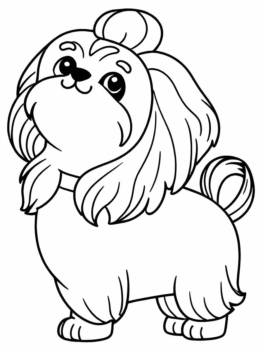 Desenho para colorir de um cachorro de desenho animado, em pé sobre as quatro patas, com um corpo redondo, uma cauda fofa e orelhas longas e caídas. O cachorro tem uma coleira ao redor do pescoço e um pequeno topete na cabeça. A expressão do cachorro é feliz e brincalhona.