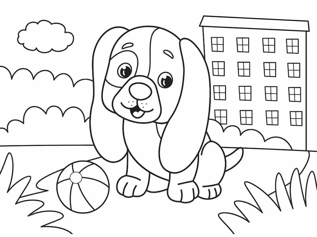 Desenho para colorir de um cachorro de orelhas caídas com um grande nariz e uma expressão feliz, sentado em um pedaço de grama com uma bola ao lado.