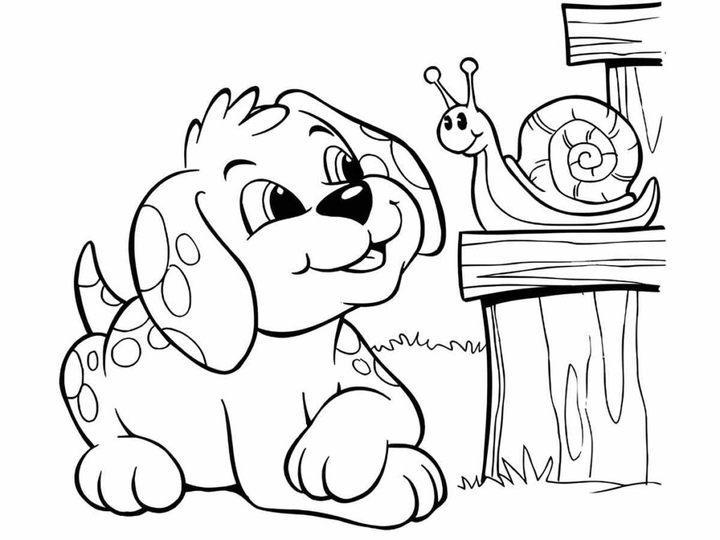 Desenho para colorir de um cachorro com manchas no corpo e orelhas caídas, e um caracol em cima de um poste de madeira.