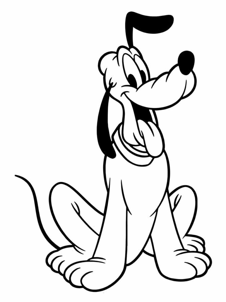 Desenho para colorir do personagem de desenho animado Pluto. Pluto está sentado em suas patas traseiras com as patas da frente apoiadas no chão. Ele tem um nariz preto grande e uma língua preta longa pendurada fora de sua boca. Seus olhos estão em alerta e uma de suas orelhas está caída. Ele tem uma cauda longa e fina.