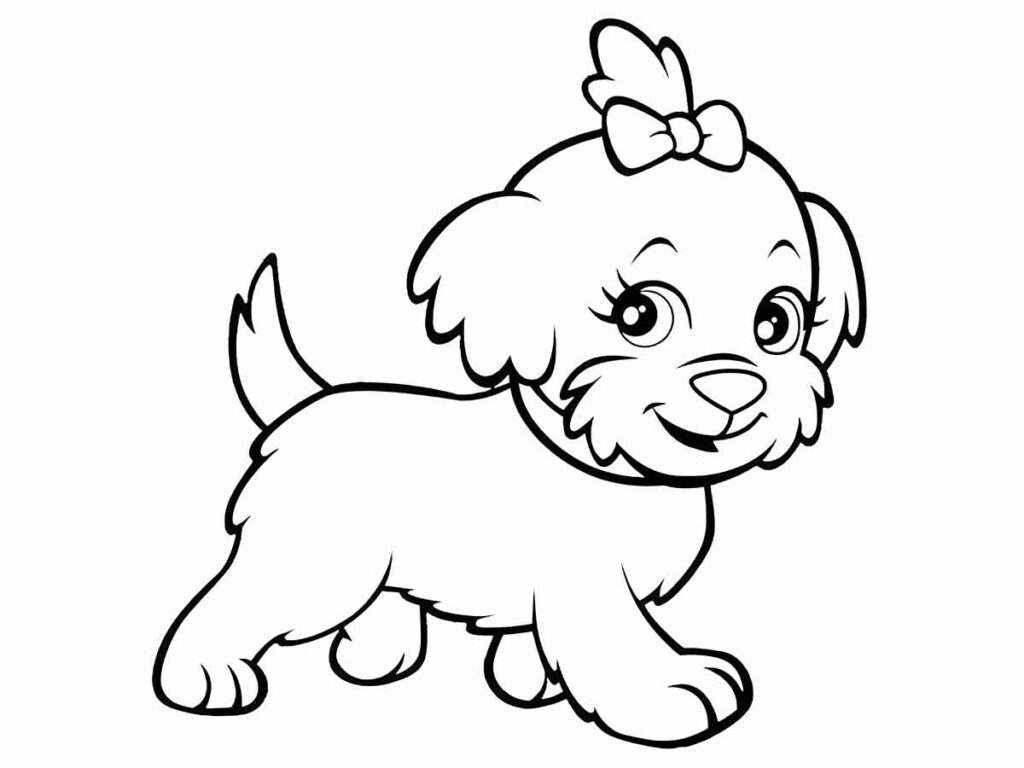 Desenho para colorir de um cachorro de desenho animado, em pé, com uma cabeça redonda grande, nariz avantajado e um sorriso largo. Possui orelhas caídas e uma cauda abanando. O corpo do animal é pequeno em comparação à cabeça.