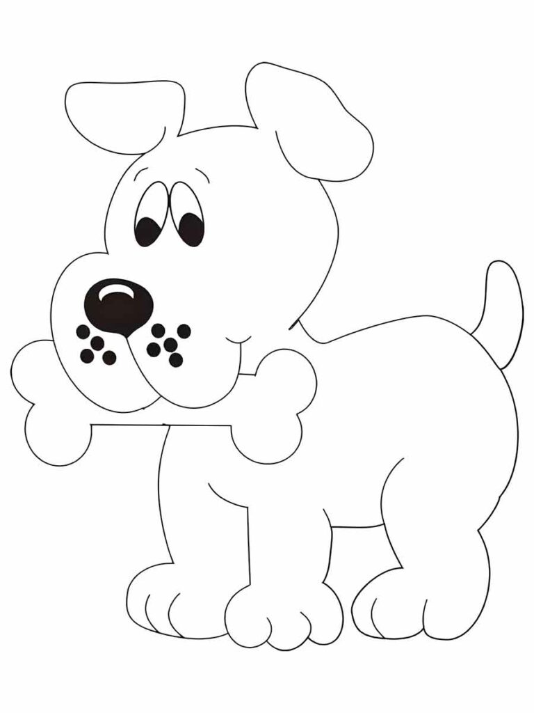 Desenho para colorir de um cachorro de desenho animado, de pé sobre as quatro patas, com uma cabeça grande, orelhas caídas e um grande nariz. O cachorro está segurando um osso na boca.